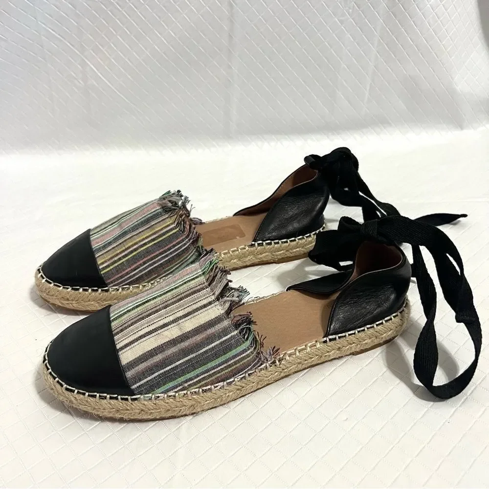 Caslon Lace Up Espadrille Striped Canvas Black Leather Capped Toe Flats Size 7.5